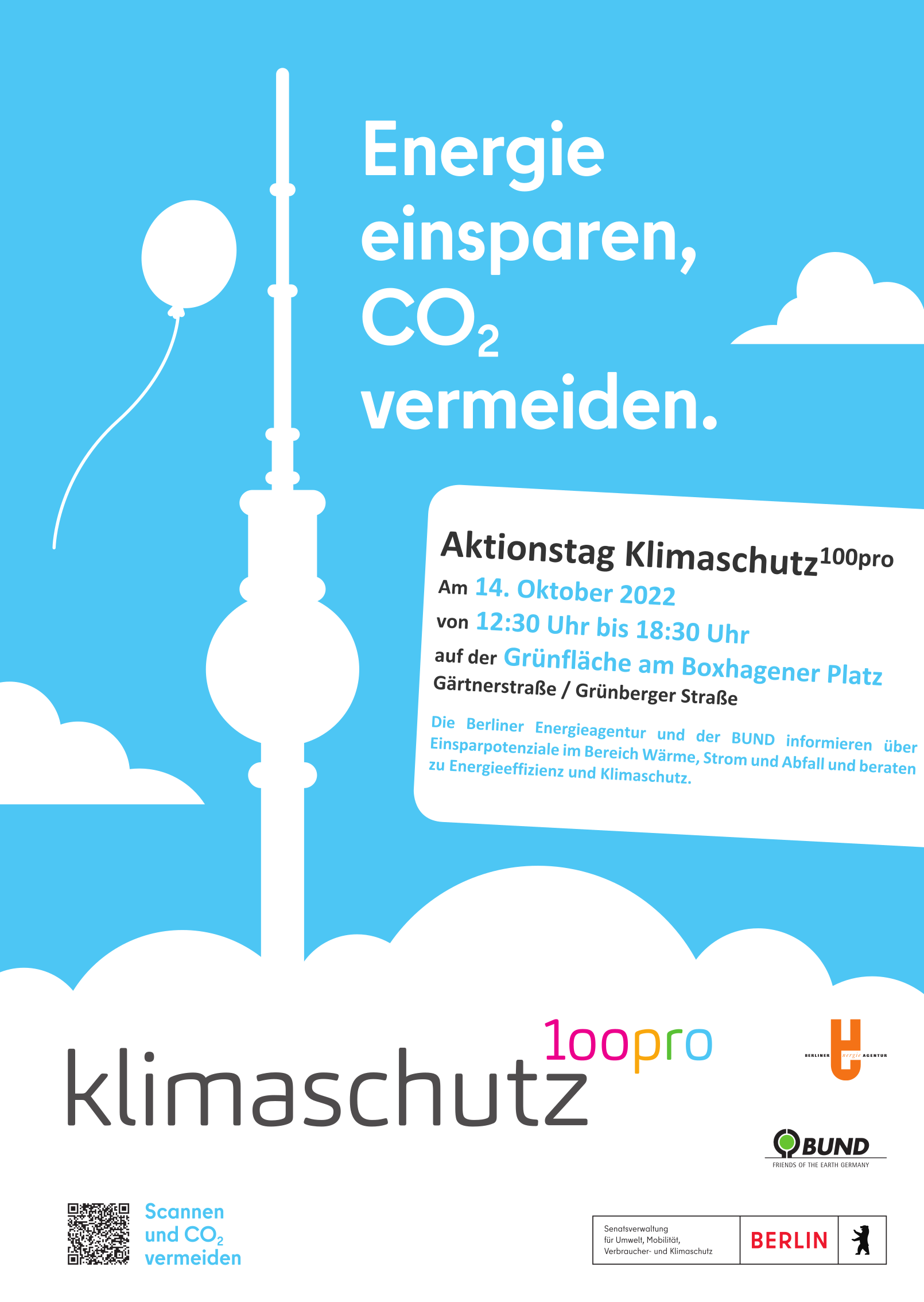 Plakat zum Aktionstag Klimaschutz 100Pro "Energie sparen, CO2 vermeiden"